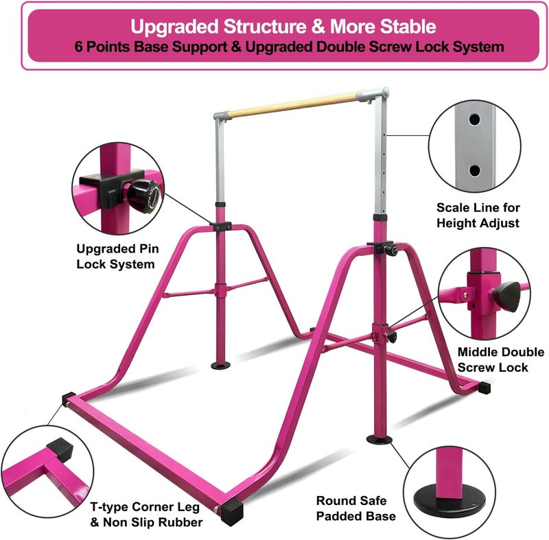 kechery Foldable & Moveable Gymnastics Horizontal Bar with Rings,3’to 5’Adjustable Height Expandable Junior Kip Bar for Home,Indoor Gym Equipment for Kids - Image 4
